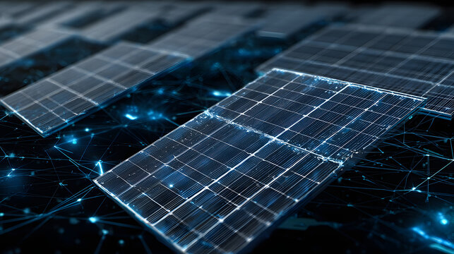 Futuristic solar panels with glowing blue circuits and grid pattern.
