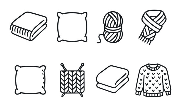 Cozy home essentials: knitted scarves, yarn balls, pillows, blankets, sweaters - Powered by Adobe