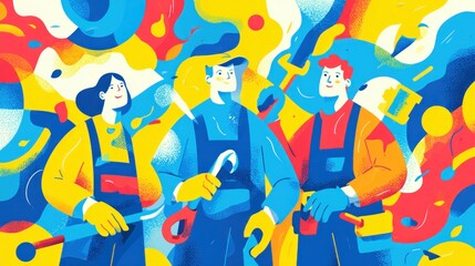 Playful worker background, cheerful workers in colorful uniforms, vibrant cartoon-inspired tools, bold bright color palette of yellow, blue, and red, dynamic abstract shapes, energetic and fun mood, m