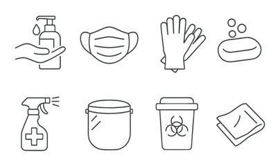 Outline icons of hygiene and safety equipment including mask and gloves