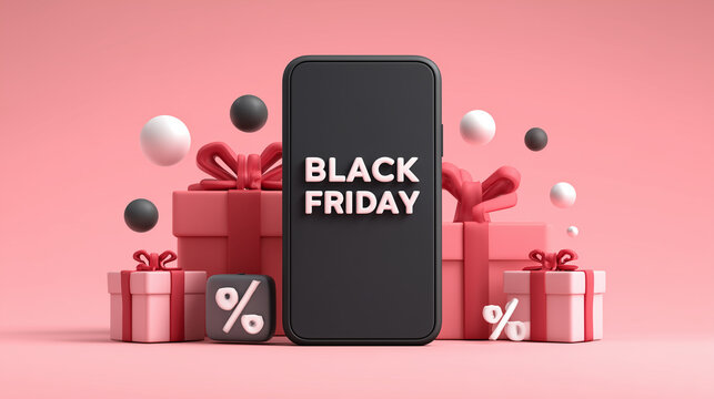 Minimal vector design of smartphone showing Black Friday discounts, clean modern style