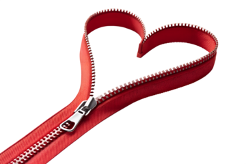 Red zipper shaped like a heart isolated on white background
