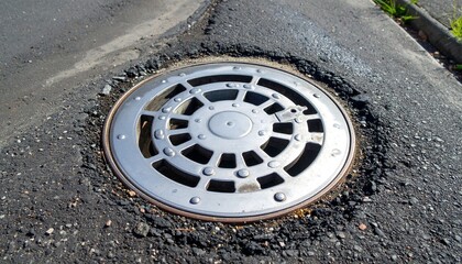 Circular metal drain cover with radial grid embedded in asphalt, weeds sprouting nearby—symbolizing containment, emergence, and the urban choreography of flow and resistance.