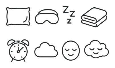 Sleep icon set featuring pillow, sleep mask, blanket, alarm, clouds, and relaxed faces