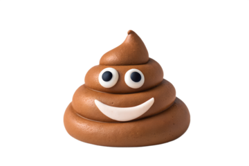 A smiling, cartoon-like poop emoji made of brown clay, with big white eyes and a wide grin, isolated on a white background, representing humor and lightheartedness