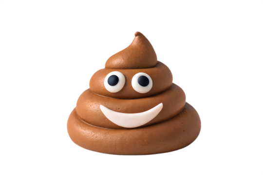 A smiling, cartoon-like poop emoji made of brown clay, with big white eyes and a wide grin, isolated on a white background, representing humor and lightheartedness