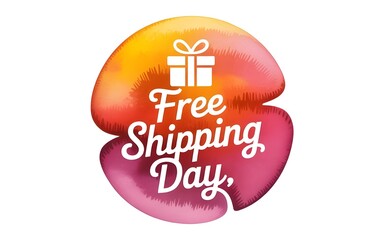 Free shipping day, a festive circular graphic with a gift icon and colorful watercolorstyle background, isolated on white background