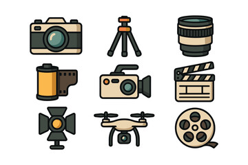 Vintage and modern camera equipment set with photography tools and gadgets