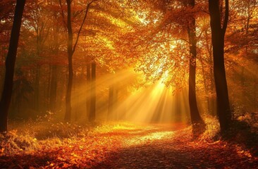 A serene forest path illuminated by golden sunlight filtering through vibrant autumn leaves, creating a warm, tranquil atmosphere.