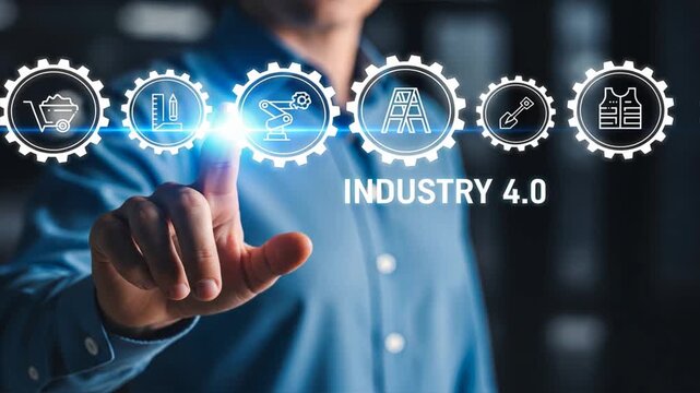 Professional man in blue shirt raises hand to pointing digital holographic icons glowing industry 4.0 text, smart factory robotics automation innovative concept