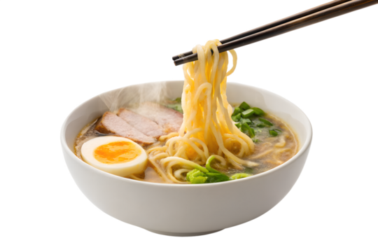 Delicious ramen noodles being lifted with chopsticks isolated on white background