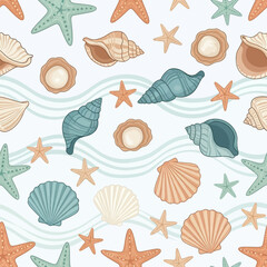 Hand drawn seamless pattern of colorful seashells and starfish. EPS Editable
