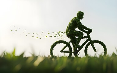 A person made of green leaves riding a bicycle with leaves blowing off in the wind, symbolizing ecofriendly transportation and nature