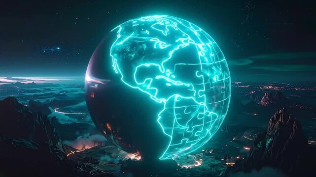 Glowing Puzzle Globe over Landscape: World Connection Concept