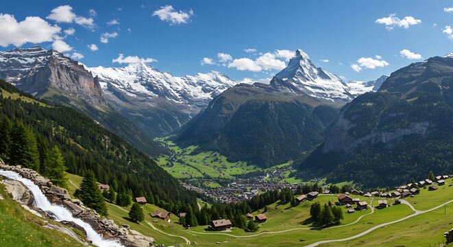 Majestic mountain range landscape with snowy peaks and green valley under blue sky