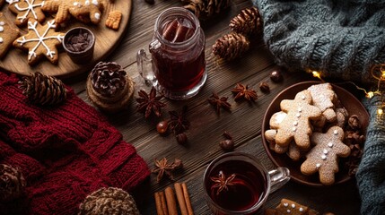 Warm cozy Christmas food background, rustic holiday table, roasted turkey, gingerbread cookies, mulled wine, hot chocolate mugs, wooden table texture, pine cones, cinnamon sticks, star anise.