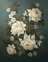 Elegant Roses & Botanical Bloom on Teal Background