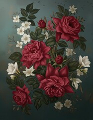 Elegant Roses & Botanical Bloom on Teal Background