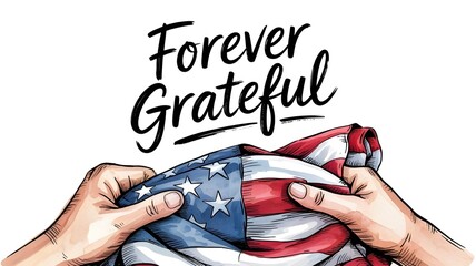 Hands carefully folding the american flag with the words forever grateful above, isolated on white background