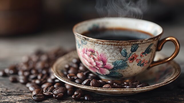 Vintage porcelain cup of steaming black coffee sits on a rustic dark wood table scattered with freshly roasted beans. Soft morning light filters in.