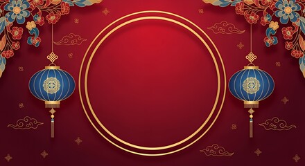 Traditional Red Chinese Lunar New Year Celebration Background with Lanterns and Floral Decorations