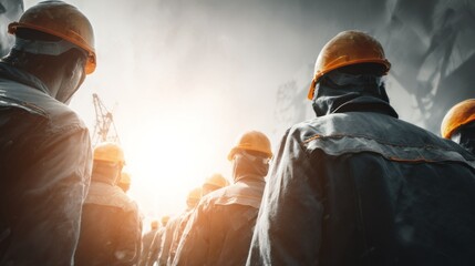 Worker background, diverse team of workers in safety helmets and uniforms, industrial construction site atmosphere, strong light and shadow, professional advertising style.