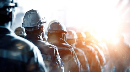 Worker background, diverse team of workers in safety helmets and uniforms, industrial construction site atmosphere, strong light and shadow, professional advertising style.