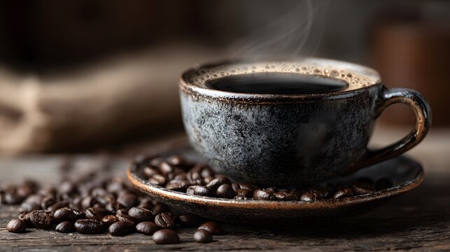 Vintage porcelain cup of steaming black coffee sits on a rustic dark wood table scattered with freshly roasted beans. Soft morning light filters in.
