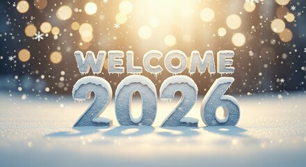 Welcome 2026 Snowy Celebration with Frosted Year Numbers and Warm Light Atmosphere