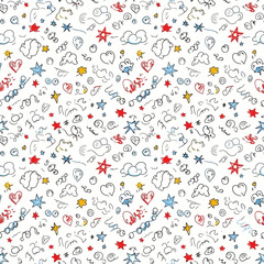 Obraz premium Seamless pattern with hand drawn doodle hearts stars and clouds. EPS Editable