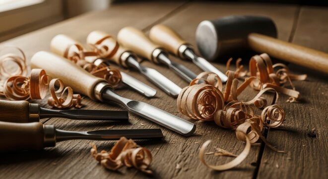 Close up of wood carving tools with shavings on a wooden workbench