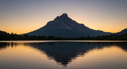 Majestic mountain silhouette reflected in calm lake at sunset
