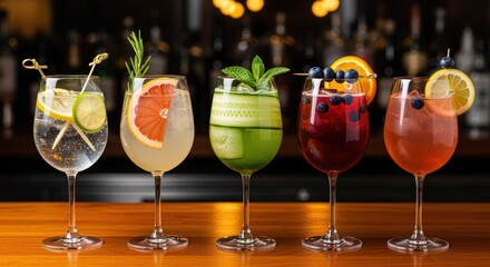 A variety of colorful cocktails and mocktails on a wooden bar, garnished with fruit slices and herbs, creating a visually appealing display of refreshing beverages.