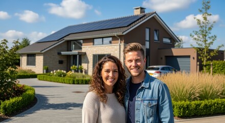 A happy young couple smiling in front of a modern, energy-efficient house with solar panels on the roof. The house is surrounded by a well-maintained garden with trees and plants.