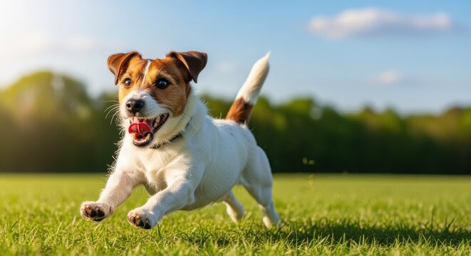 A playful Jack Russell Terrier dashes through a lush green field on a sunny day, its happy, energetic expression reflecting the outdoor bliss. Blue skies and trees frame the scene. - Powered by Adobe
