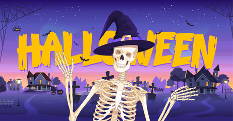 A cheerful skeleton in a hat wishes everyone a Happy Halloween