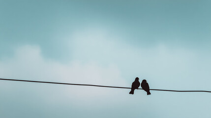 Silhouette of two birds perched on wire against clear sky background
