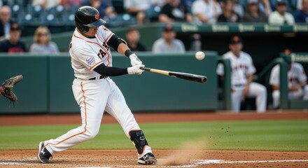 A baseball player in a white and orange uniform batting on a field surrounded by fans. The player is mid-swing, ball coming off the bat and dirt kicking up at home plate.