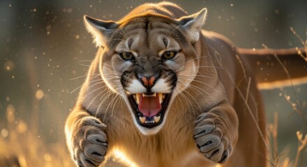 Obraz premium A fierce and intimidating cougar roaring with its sharp teeth bared, surrounded by a blurred natural setting with golden highlights and a sense of motion and energy.