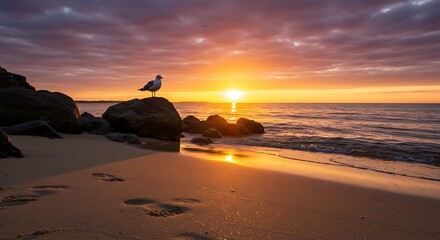 Seagull on coastal rocks at sunrise