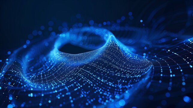 Abstract 3D illustration of hurricane swirl made of lines and dots, futuristic storm infographic concept, dark blue background