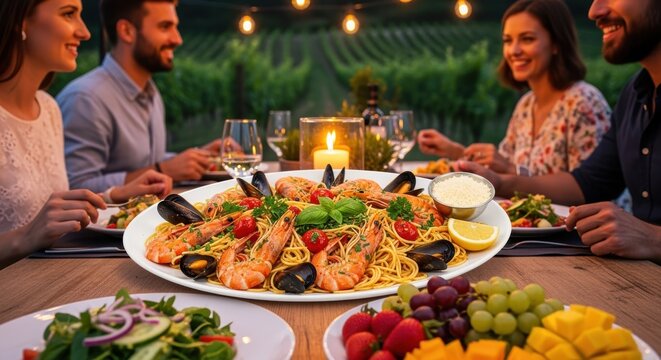 Festive al fresco dining with a seafood and pasta centerpiece, surrounded by wine glasses, candles, and fresh fruits, creating a warm, sophisticated atmosphere for friends to enjoy.