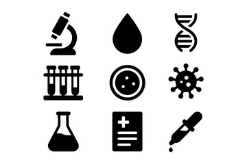 Science icons: microscopy, dna, blood drop, virus, lab equipment in bold silhouette