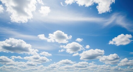 Obraz premium Vibrant blue sky with fluffy white clouds, creating a serene natural landscape. Evokes a sense of tranquility and peacefulness.