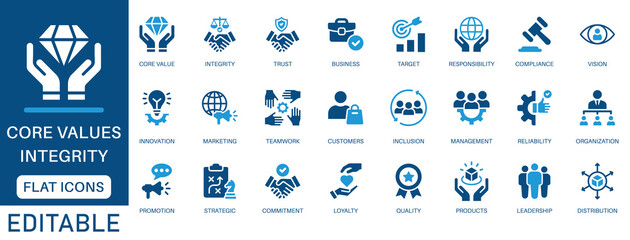 Core Values Icon Set. featuring innovation, goals, responsibility, integrity, customers, commitment, quality, teamwork, reliability, vision, inclusion and more. perfect flat vector icons collection.
