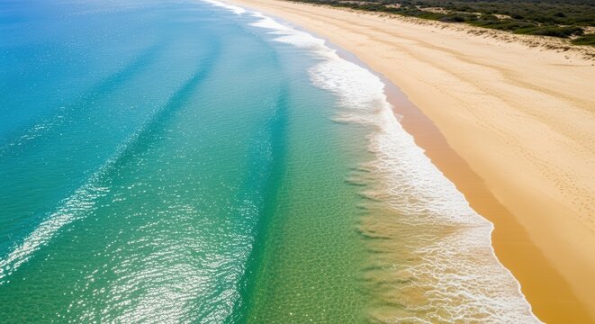 Stunning aerial view of a picturesque tropical beach with clear turquoise waters and soft golden sand. Serene waves gently lap the shore, creating an idyllic coastal landscape.
