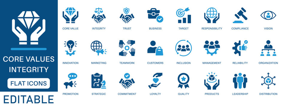 Core Values Icon Set. featuring innovation, goals, responsibility, integrity, customers, commitment, quality, teamwork, reliability, vision, inclusion and more. perfect flat vector icons collection.