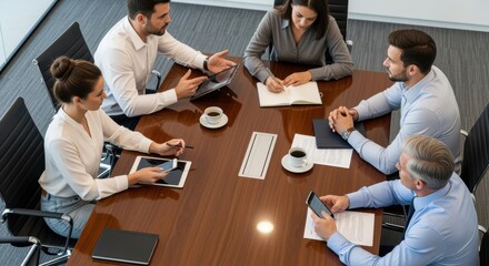 A group of business professionals collaborating on a project at a conference table. They use laptops, tablets, and documents, demonstrating teamwork and productivity in a modern office setting.