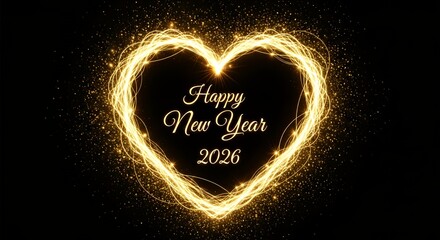 Elegant Golden Heart Light Frame with Happy New Year 2026 Message for Celebration and Holiday Greetings