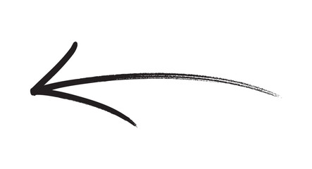 Hand-drawn black arrow pointing left. Grunge ink brush stroke pointer icon isolated on a white background.